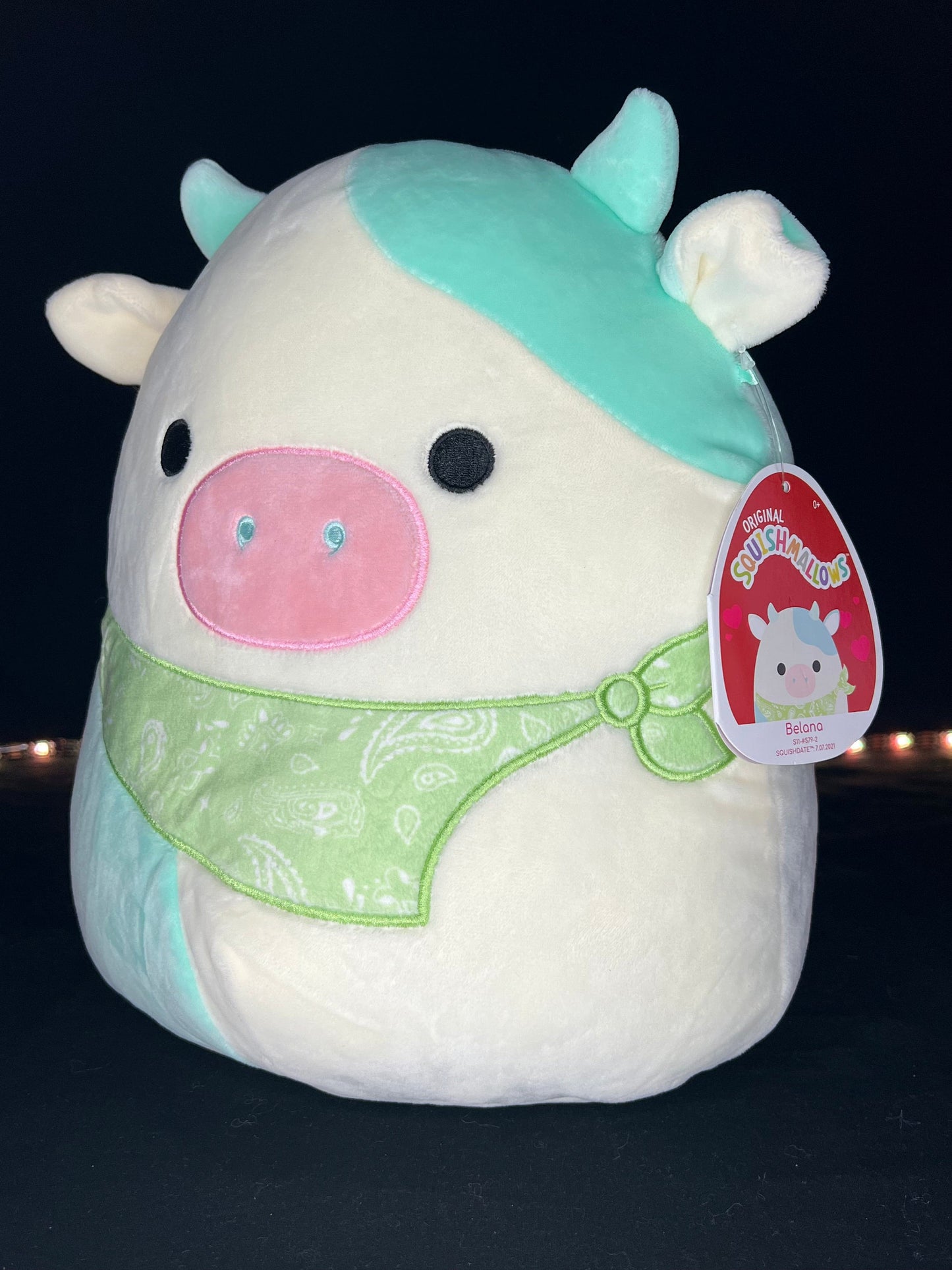 Squishmallow 11” Belana the Cow with Green Bandana.