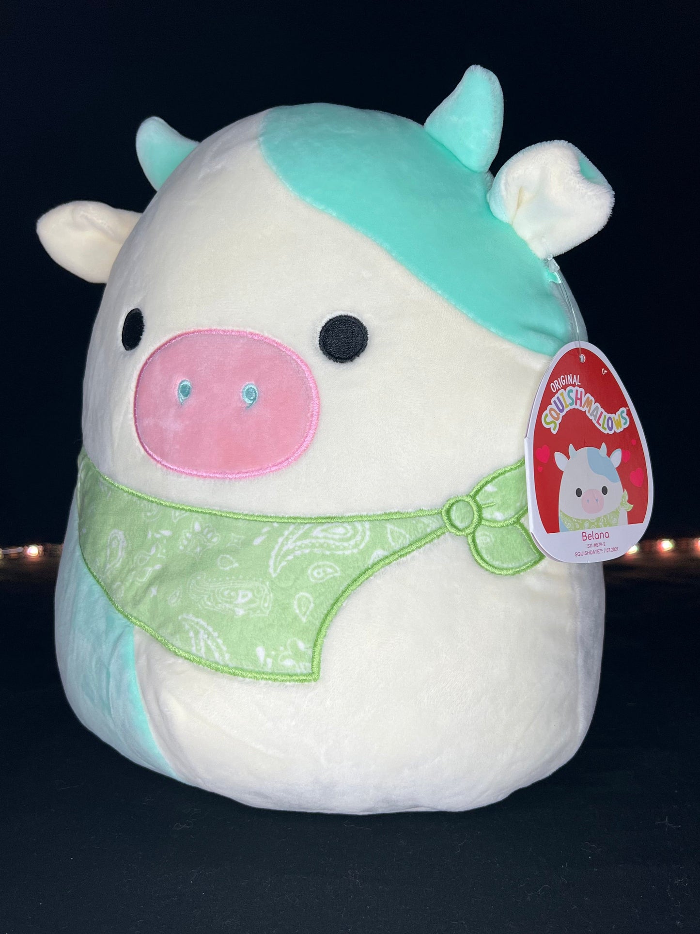 Squishmallow 11” Belana the Cow with Green Bandana.