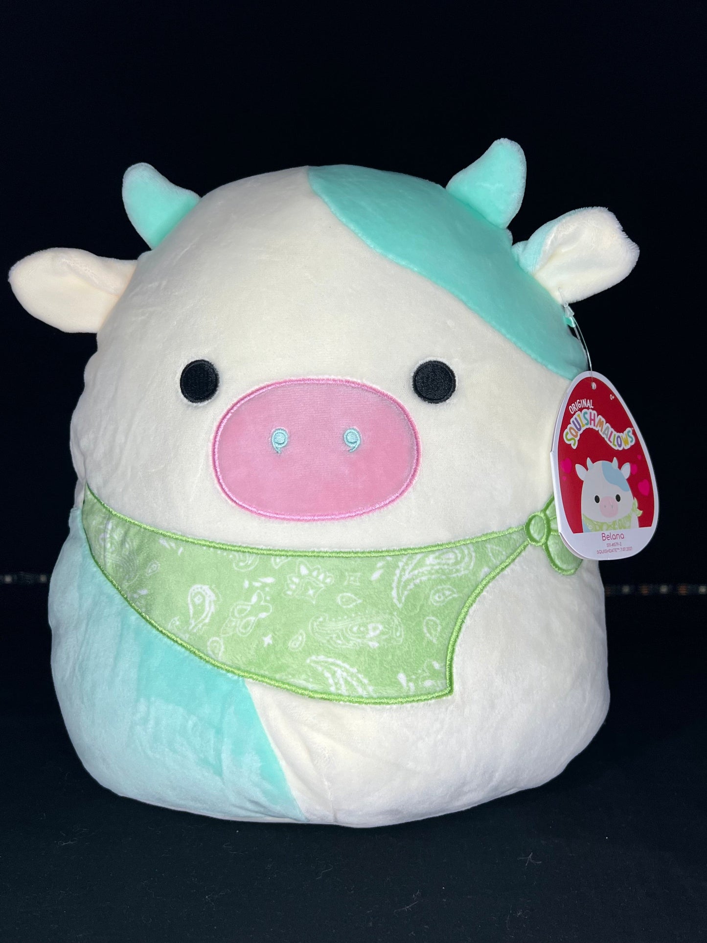 Squishmallow 11” Belana the Cow with Green Bandana.