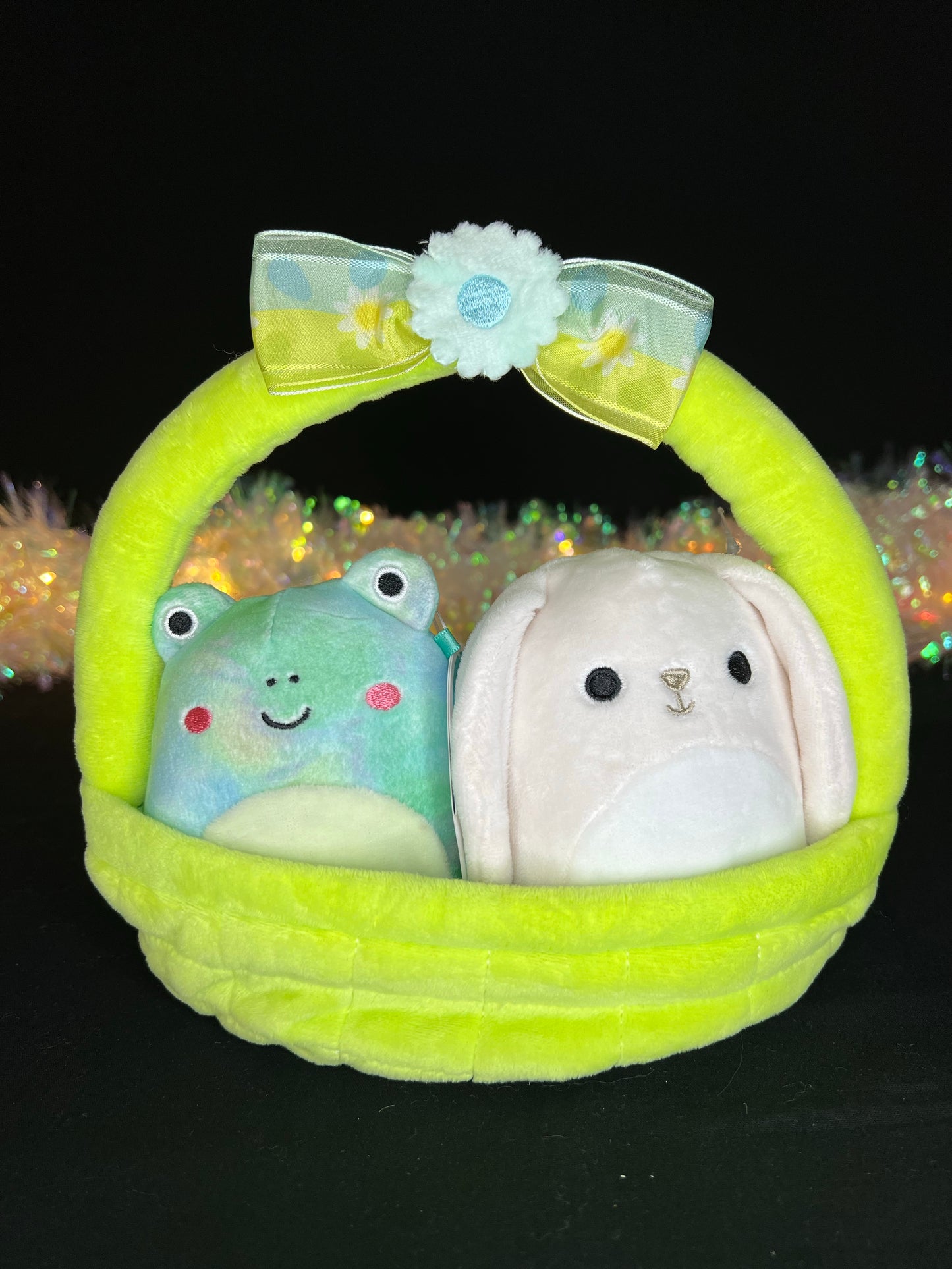 Squishmallow Easter Basket Ferdie the Frog and Valentina the Bunny.