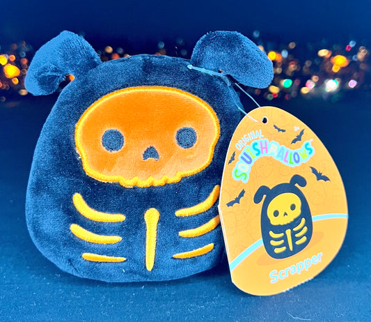 Squishmallow 4” Scrapper the Skeleton Dog.